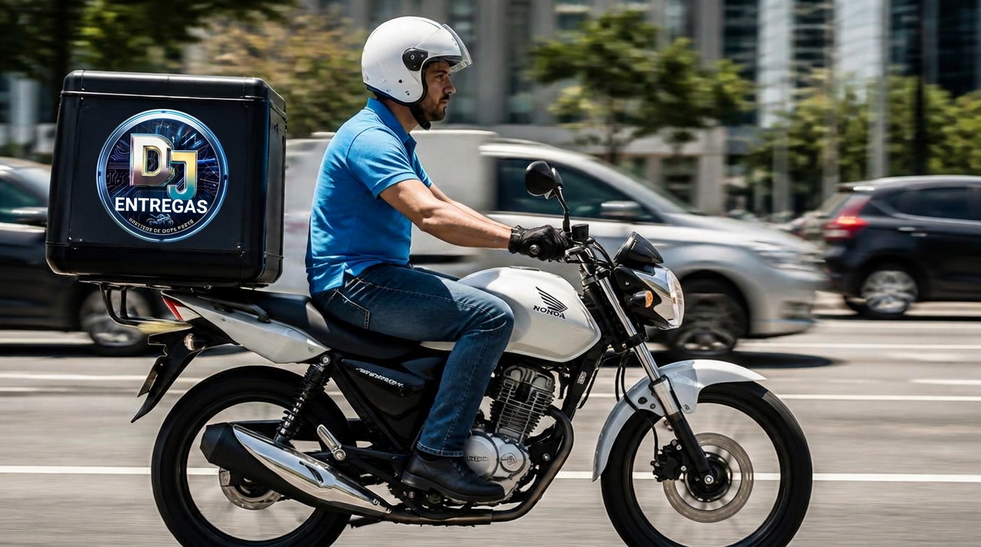 Moto frete da Dj entregas em São Paulo com capacete branco e baú azul ciano